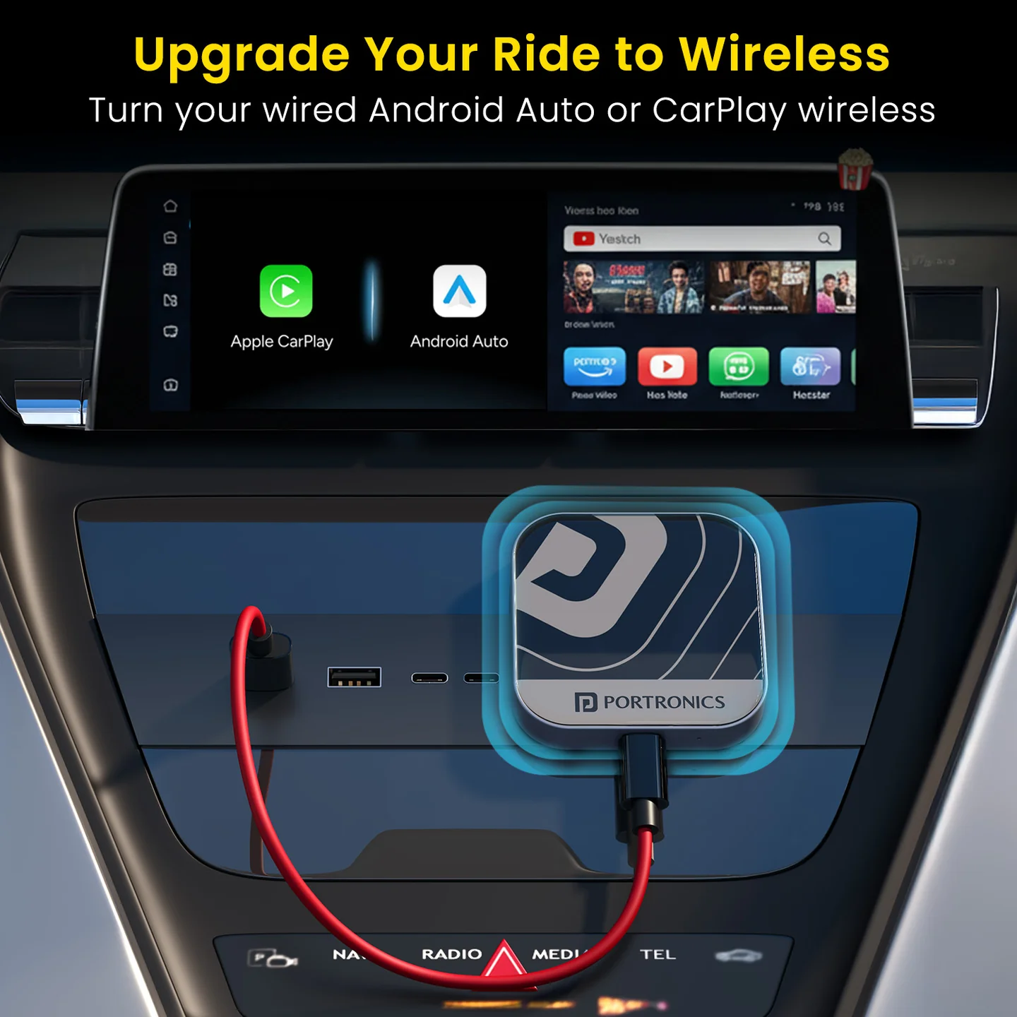Tune Plus
CarPlay/Android Auto Adapter with Inbuilt YouTube & Netflix | Converts Wired to Wireless | USB A & Type-C Compatible | 3 GB RAM + 32 GB ROM 2