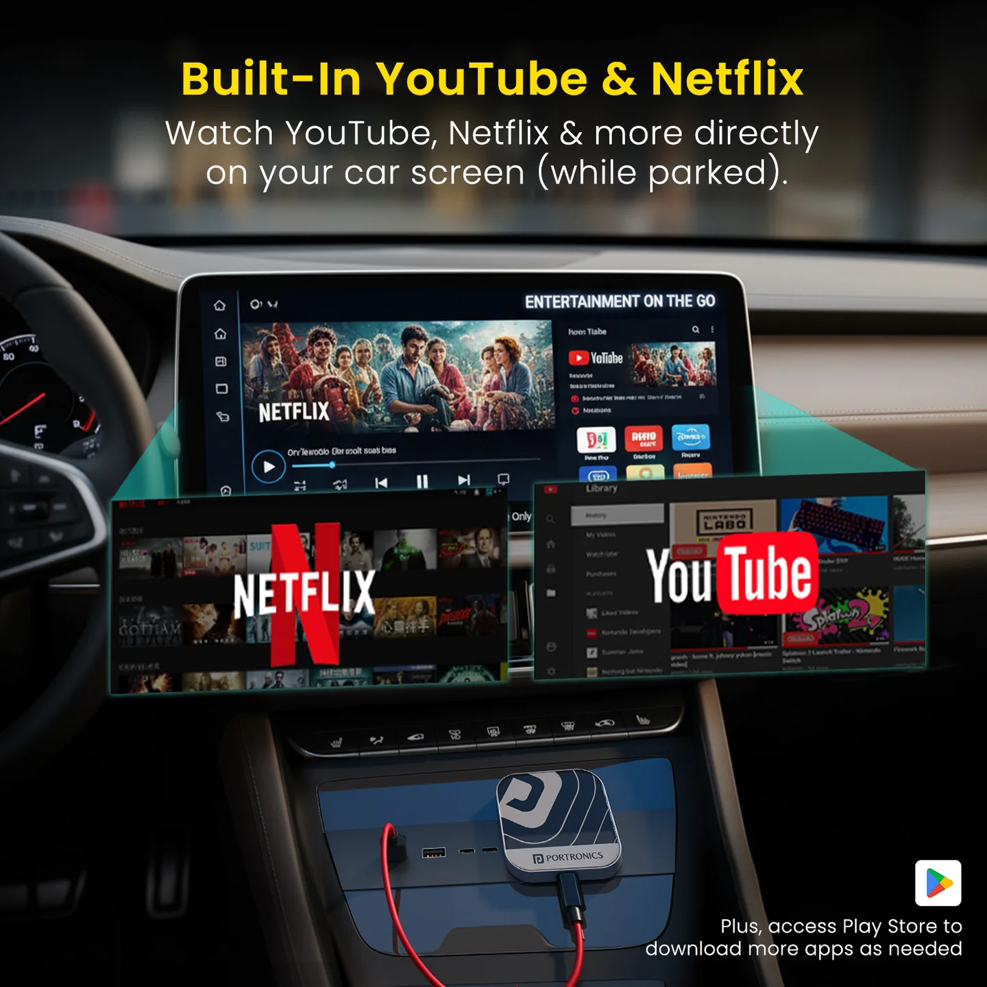 Tune Plus
CarPlay/Android Auto Adapter with Inbuilt YouTube & Netflix | Converts Wired to Wireless | USB A & Type-C Compatible | 3 GB RAM + 32 GB ROM 4