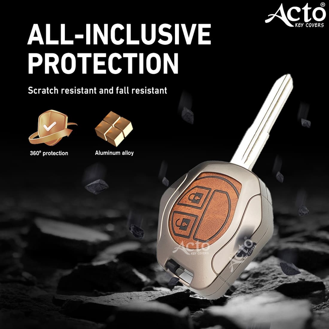 Acto Metal Leather car Key Cover with Key Chain Compatible with Suzuki Alto/ Alto K-10/ Alto 800/ Baleno/ Brezza/ Swift/ Celerio/ Dzire/ Ciaz/ Ignis/ S-Cross/ Ertiga/ XL-6/ S-Presso/ Ritz/ Sx4/ WagonR 2 Button Smart Key Cover Pack of 1 Set 2