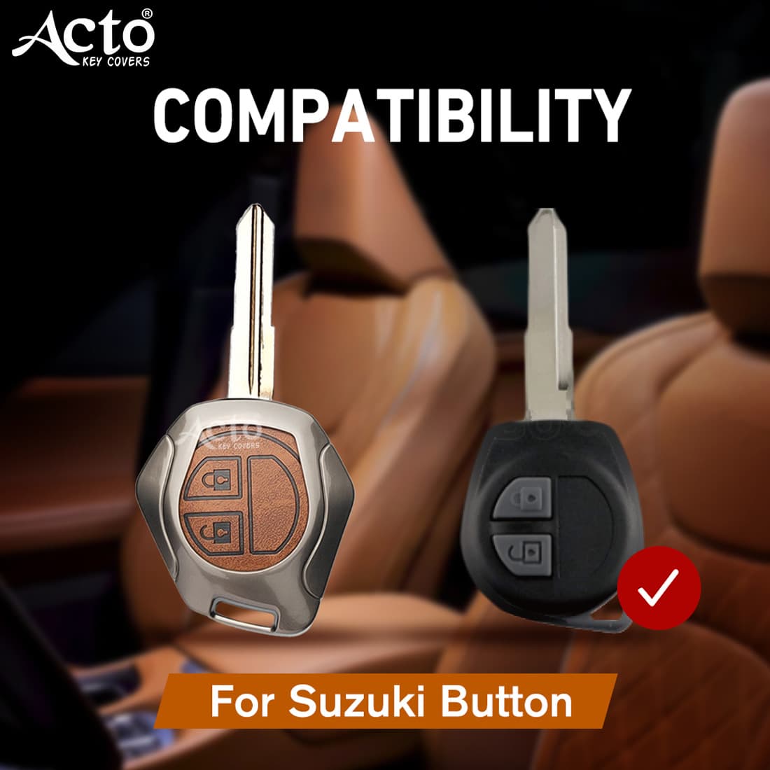 Acto Metal Leather car Key Cover with Key Chain Compatible with Suzuki Alto/ Alto K-10/ Alto 800/ Baleno/ Brezza/ Swift/ Celerio/ Dzire/ Ciaz/ Ignis/ S-Cross/ Ertiga/ XL-6/ S-Presso/ Ritz/ Sx4/ WagonR 2 Button Smart Key Cover Pack of 1 Set 5