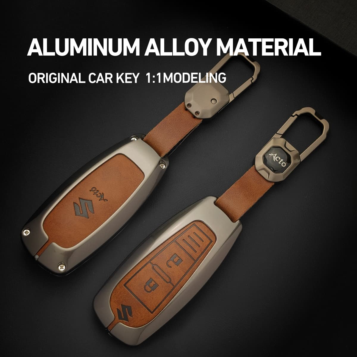 Acto Metal Leather car Key Cover with Key Chain Compatible with Suzuki Baleno/ Ciaz/ Ignis/ S-Cross/ Brezza 3 Button Smart Key Cover Pack of 1 Set 2