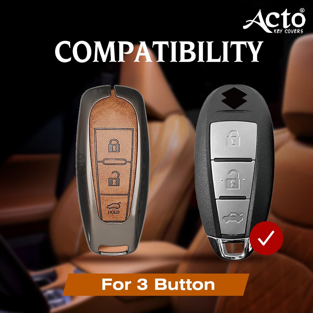Acto Metal Leather car Key Cover with Key Chain Compatible with Suzuki Baleno/ Ciaz/ Ignis/ S-Cross/ Brezza 3 Button Smart Key Cover Pack of 1 Set 3