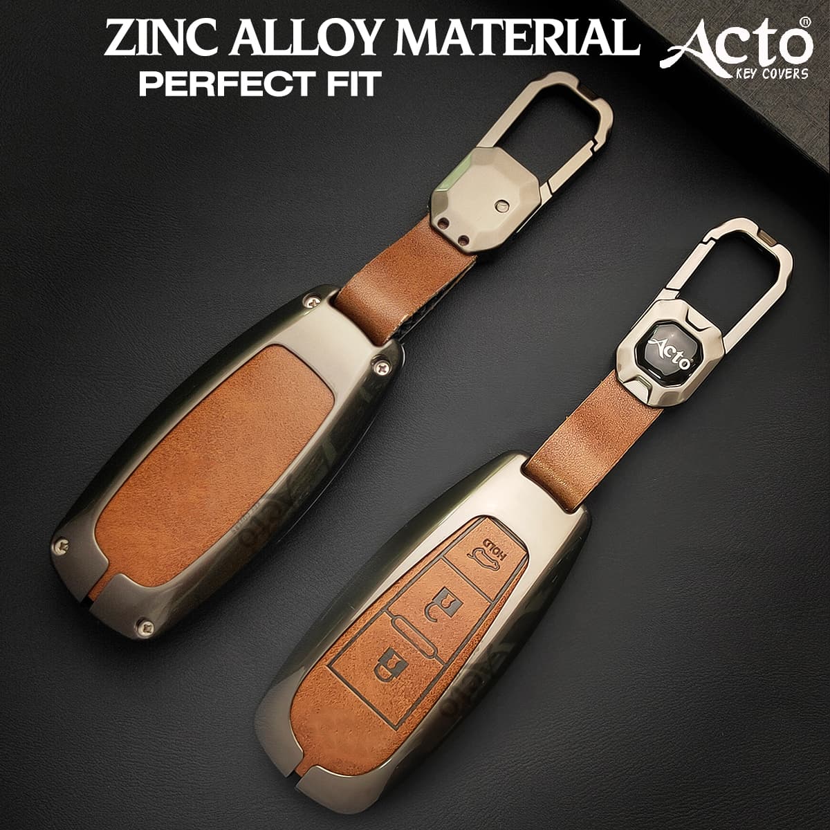 Acto Metal Leather car Key Cover with Key Chain Compatible with Suzuki Baleno/ Ciaz/ Ignis/ S-Cross/ Brezza 3 Button Smart Key Cover Pack of 1 Set 5