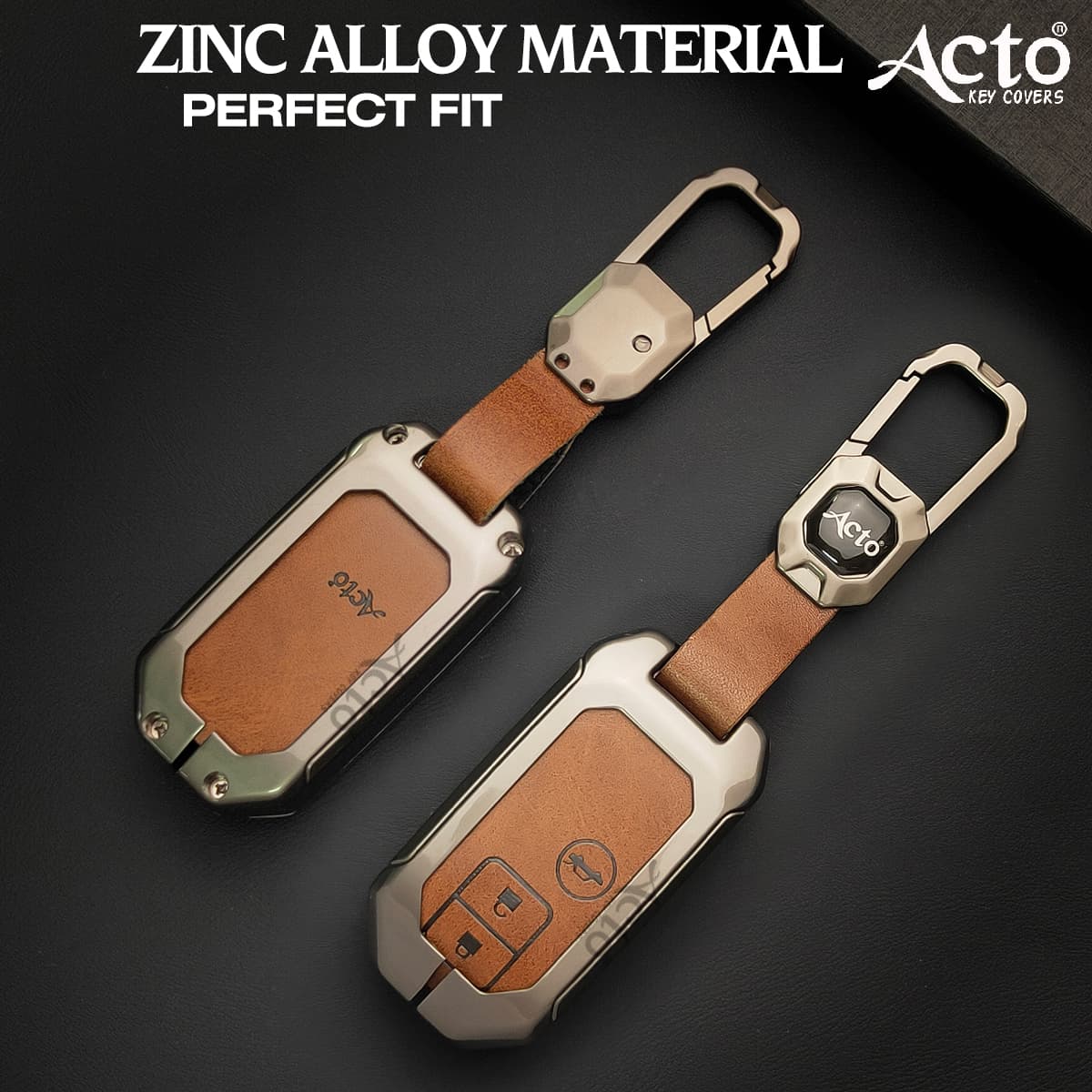 Acto Metal Leather car Key Cover with Key Chain Compatible with Suzuki New Swift/ New Ertiga 3 Button Smart Key Cover Pack of 1 Set 3