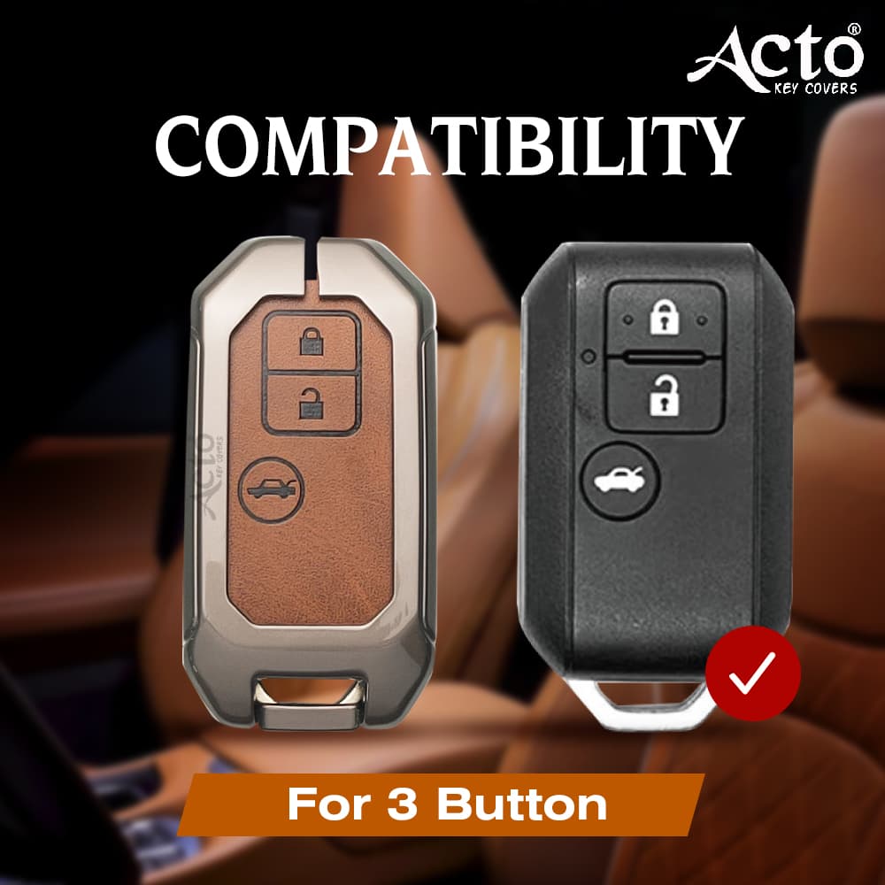 Acto Metal Leather car Key Cover with Key Chain Compatible with Suzuki New Swift/ New Ertiga 3 Button Smart Key Cover Pack of 1 Set 5