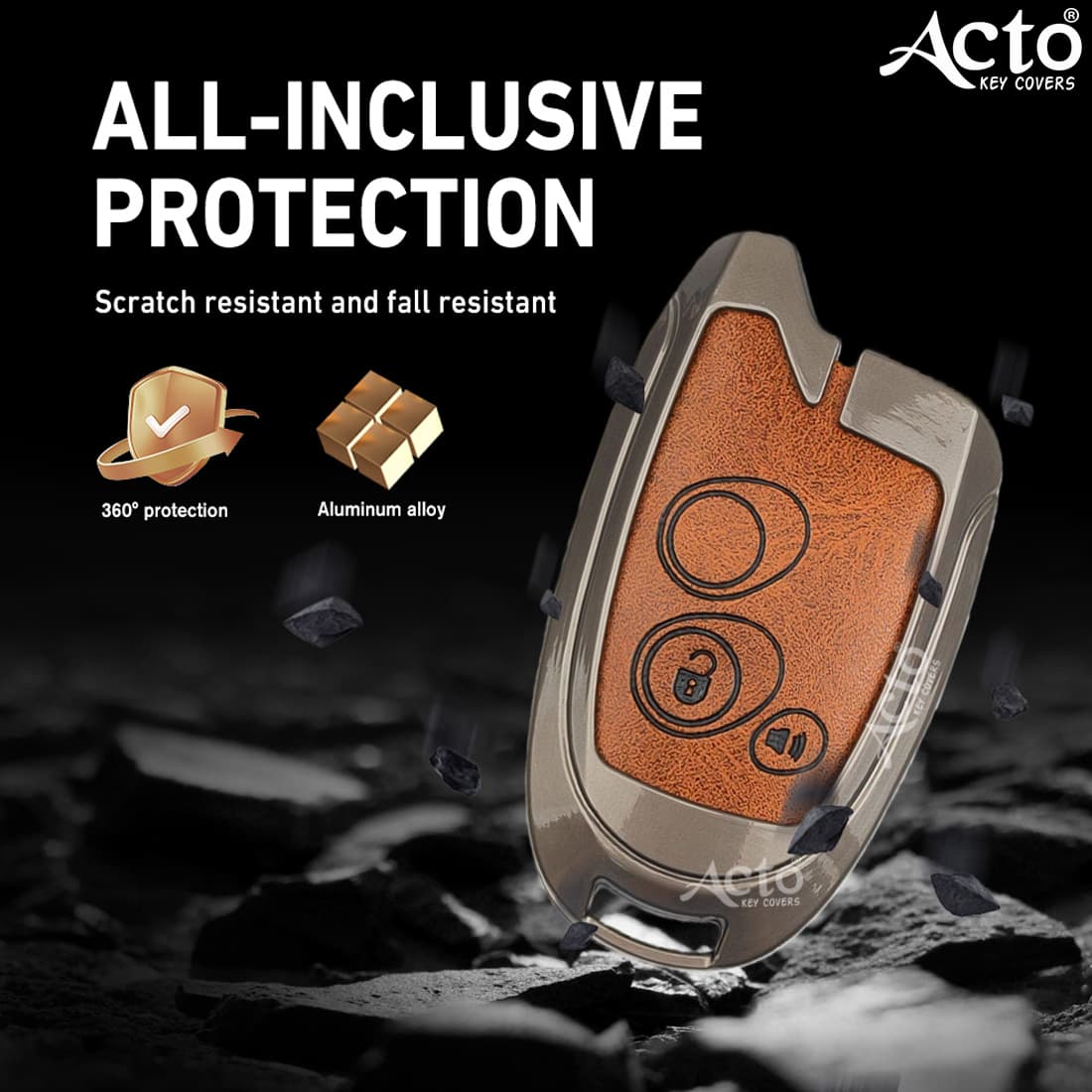 Acto Metal Leather car Key Cover with Key Chain Compatible with Suzuki Baleno/ Ciaz/ Ignis/ S-Cross/ Brezza 3 Button Smart Key Cover Pack of 1 Set 2