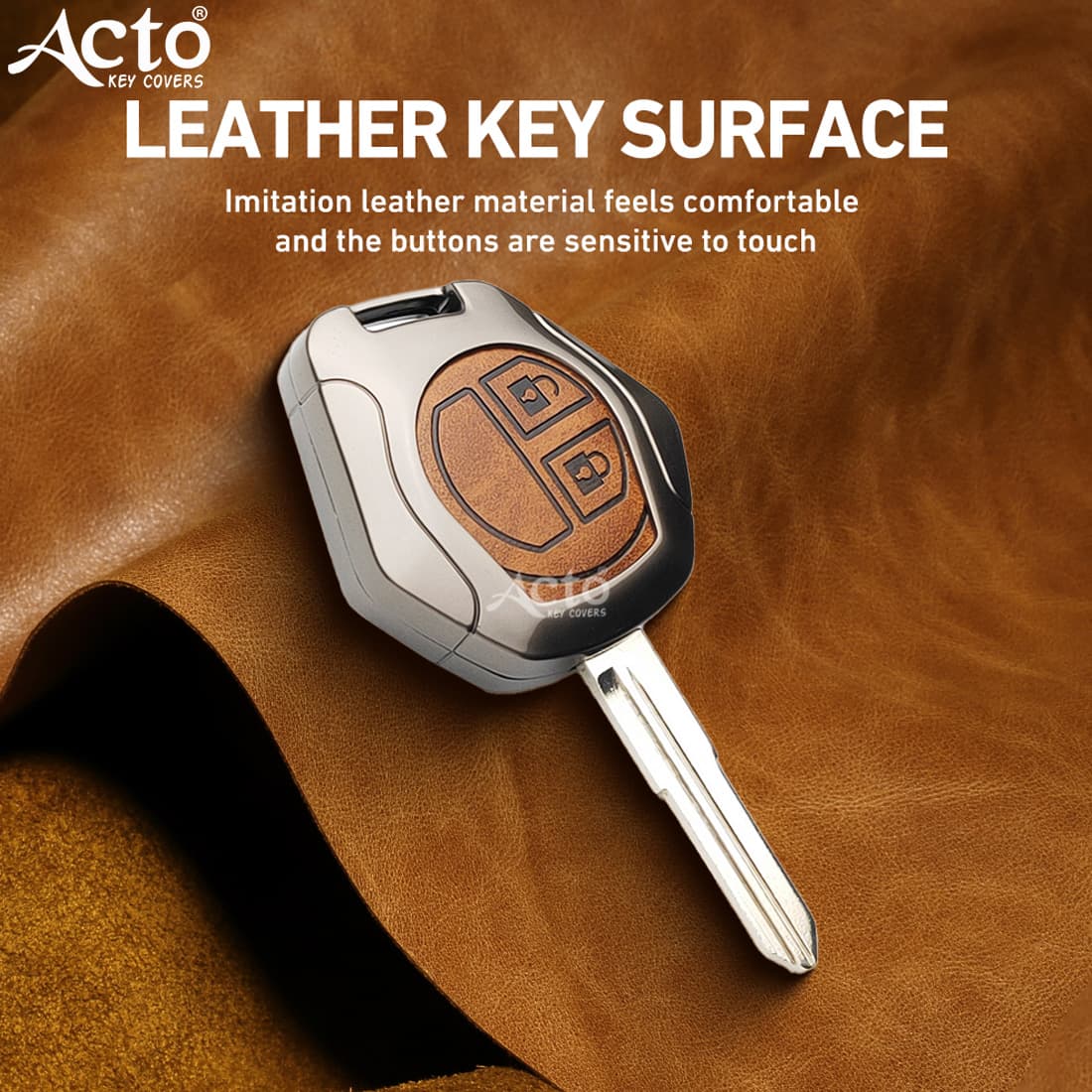 Acto Metal Leather car Key Cover with Key Chain Compatible with Suzuki Baleno/ Ciaz/ Ignis/ S-Cross/ Brezza 3 Button Smart Key Cover Pack of 1 Set 4