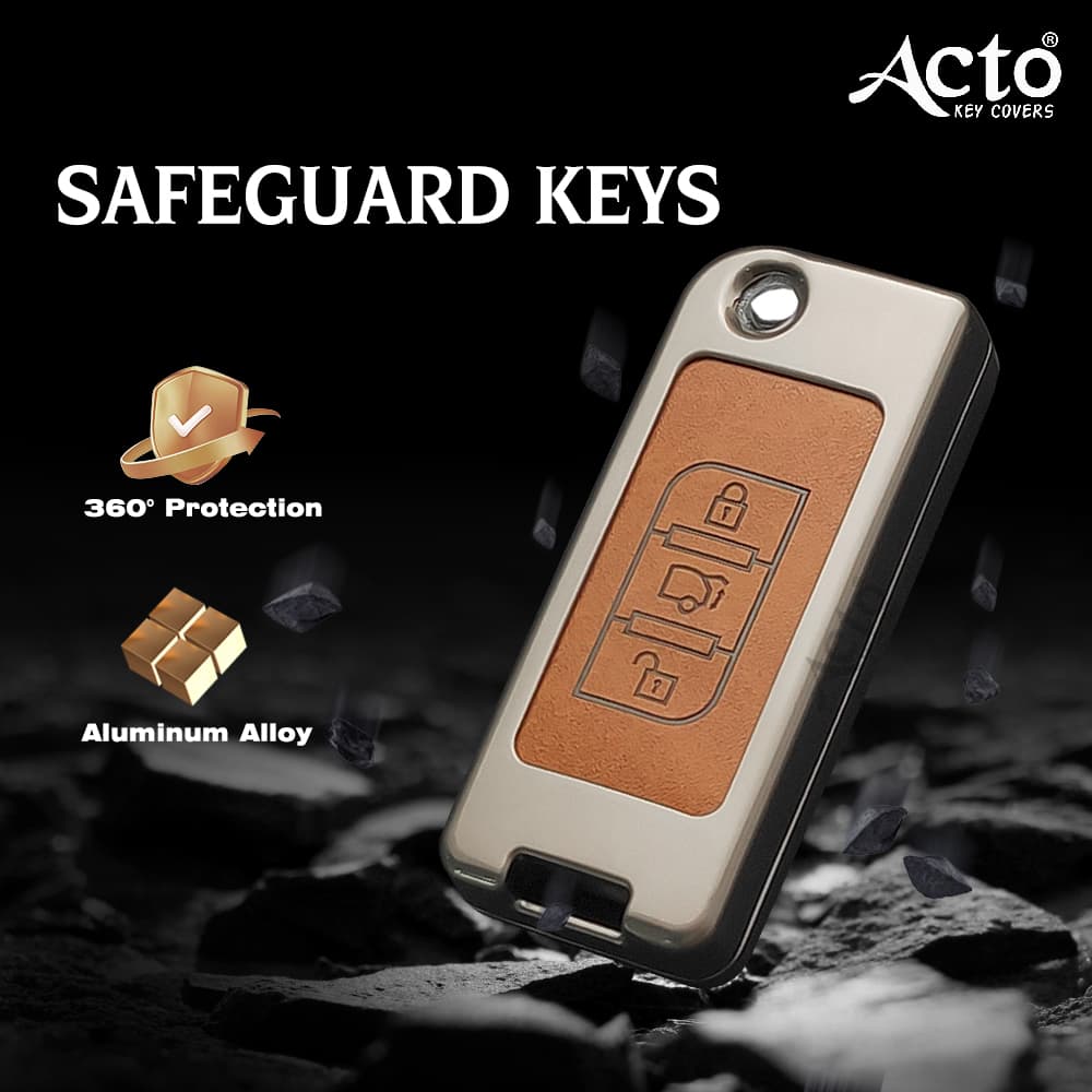 Acto Metal Leather car Key Cover with Key Chain Compatible with Mahindra Xuv 500 3 Button Flip Key Cover Pack of 1 Set 2