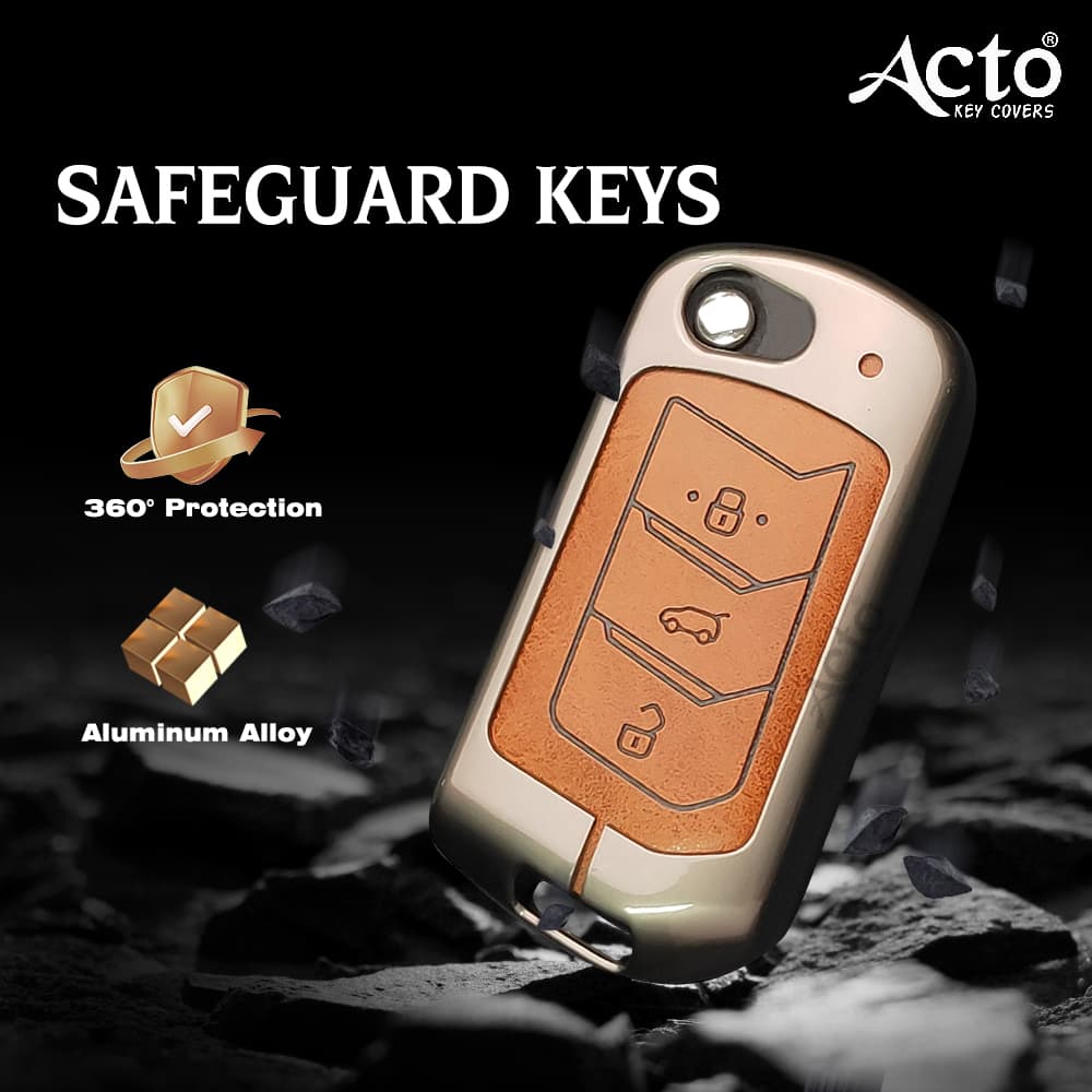 Acto Metal Leather car Key Cover with Key Chain Compatible with Bolero 2020+/ Marazzo/ Scorpio 2019+/ Thar 2020+/ Tuv 300 Plus/ Xuv 700 3 Button Flip Key Cover Pack of 1 Set 2