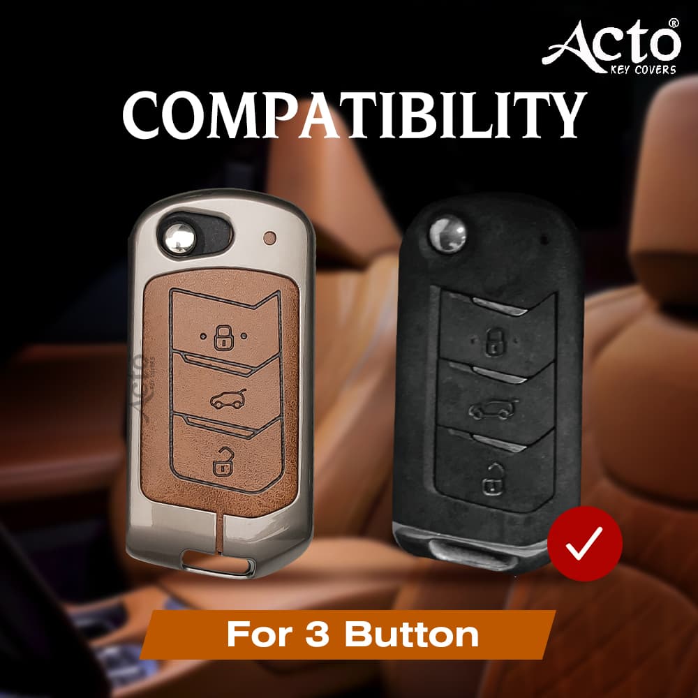 Acto Metal Leather car Key Cover with Key Chain Compatible with Bolero 2020+/ Marazzo/ Scorpio 2019+/ Thar 2020+/ Tuv 300 Plus/ Xuv 700 3 Button Flip Key Cover Pack of 1 Set 5