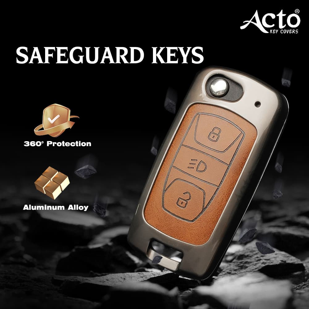 Acto Metal Leather car Key Cover with Key Chain Compatible with Tata Bolt/ Nexon/ Tigor/ Hexa/ Tiago/ Zest 3 Button Flip Key Cover Pack of 1 Set 2