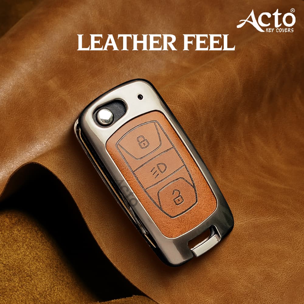 Acto Metal Leather car Key Cover with Key Chain Compatible with Tata Bolt/ Nexon/ Tigor/ Hexa/ Tiago/ Zest 3 Button Flip Key Cover Pack of 1 Set 4