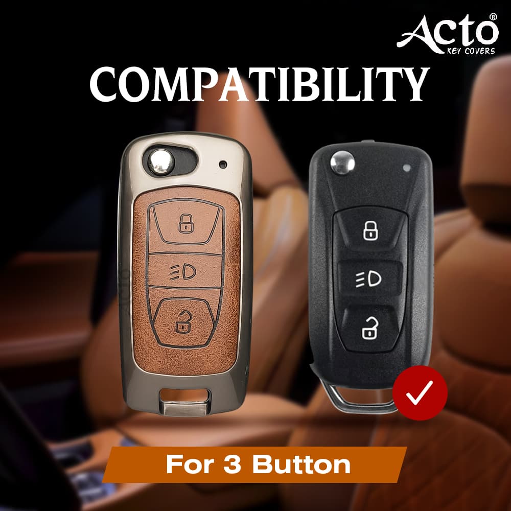 Acto Metal Leather car Key Cover with Key Chain Compatible with Tata Bolt/ Nexon/ Tigor/ Hexa/ Tiago/ Zest 3 Button Flip Key Cover Pack of 1 Set 5