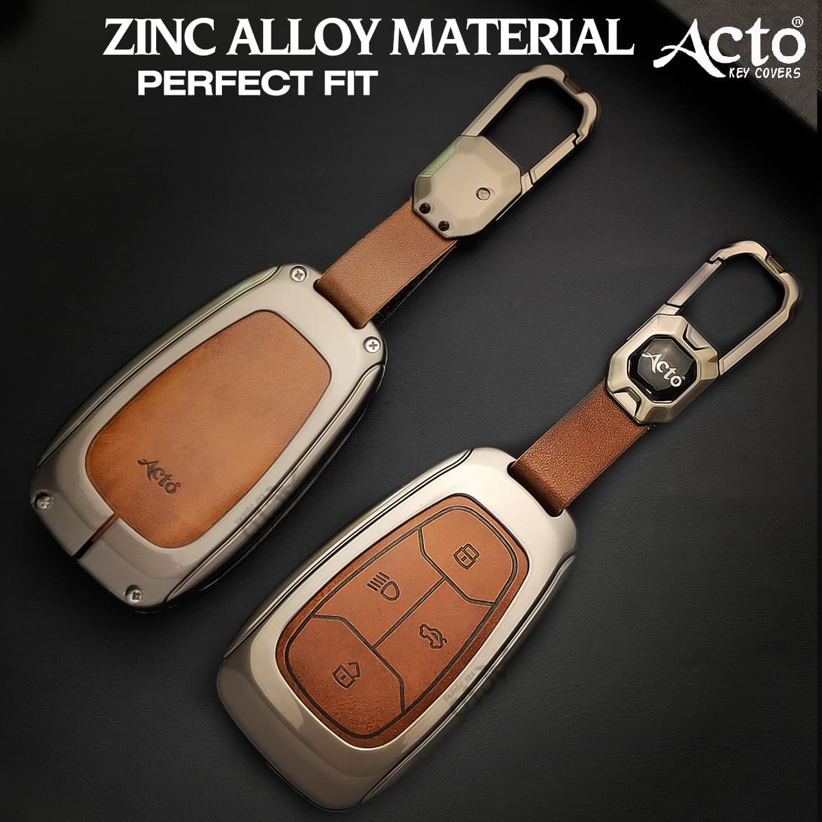 Acto Metal Leather car Key Cover with Key Chain Compatible with Tata Altroz/ Harrier/ Nexon 4 Button Smart Key Cover Pack of 1 Set 2