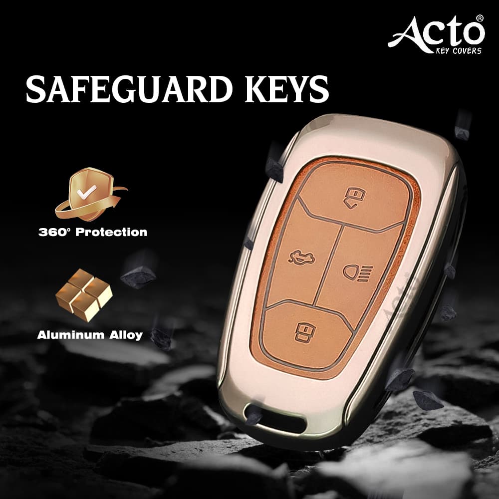 Acto Metal Leather car Key Cover with Key Chain Compatible with Tata Altroz/ Harrier/ Nexon 4 Button Smart Key Cover Pack of 1 Set 3