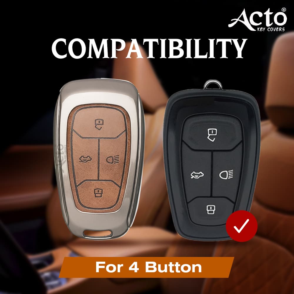 Acto Metal Leather car Key Cover with Key Chain Compatible with Tata Altroz/ Harrier/ Nexon 4 Button Smart Key Cover Pack of 1 Set 5