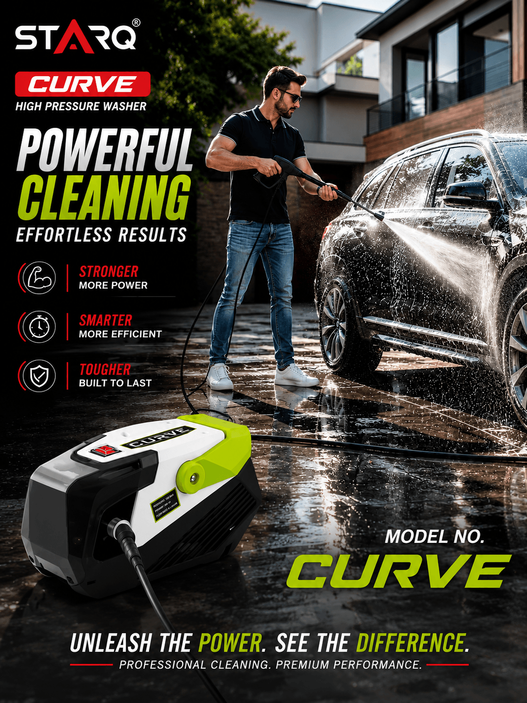 Starq curve High Pressure Washer, Car Washer, 3000 Watts Motor, 350 Bars, 15L/Min Flow Rate, 10 Meters Outlet Hose, Portable, Car, Bike & Home Cleaning 2
