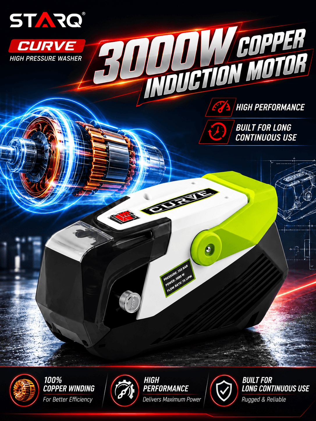 Starq curve High Pressure Washer, Car Washer, 3000 Watts Motor, 350 Bars, 15L/Min Flow Rate, 10 Meters Outlet Hose, Portable, Car, Bike & Home Cleaning 3