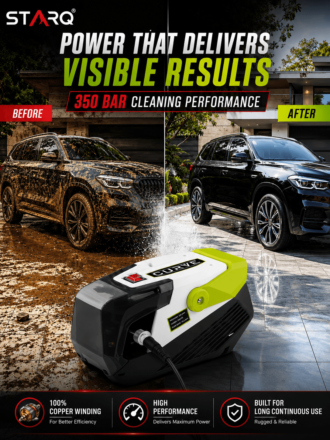 Starq curve High Pressure Washer, Car Washer, 3000 Watts Motor, 350 Bars, 15L/Min Flow Rate, 10 Meters Outlet Hose, Portable, Car, Bike & Home Cleaning 4