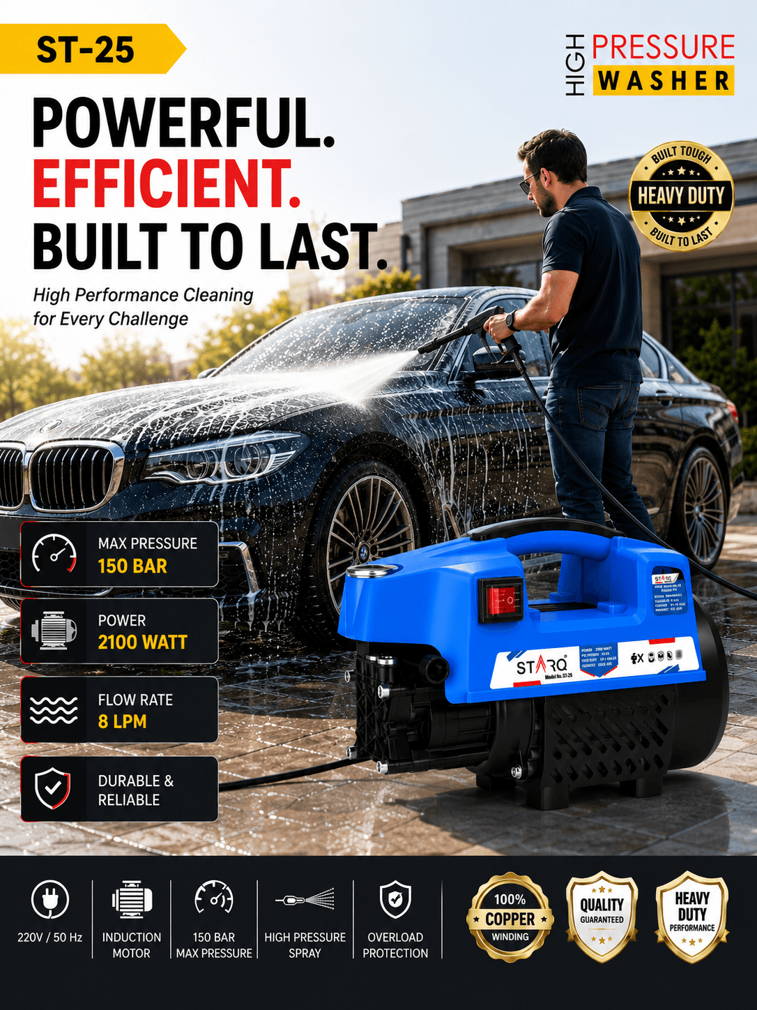 Starq ST25 High Pressure Washer, Car Washer, 2100 Watts Motor, 150 Bars, 8L/Min Flow Rate, 8 Meters Outlet Hose, Portable, Car, Bike & Home Cleaning 3