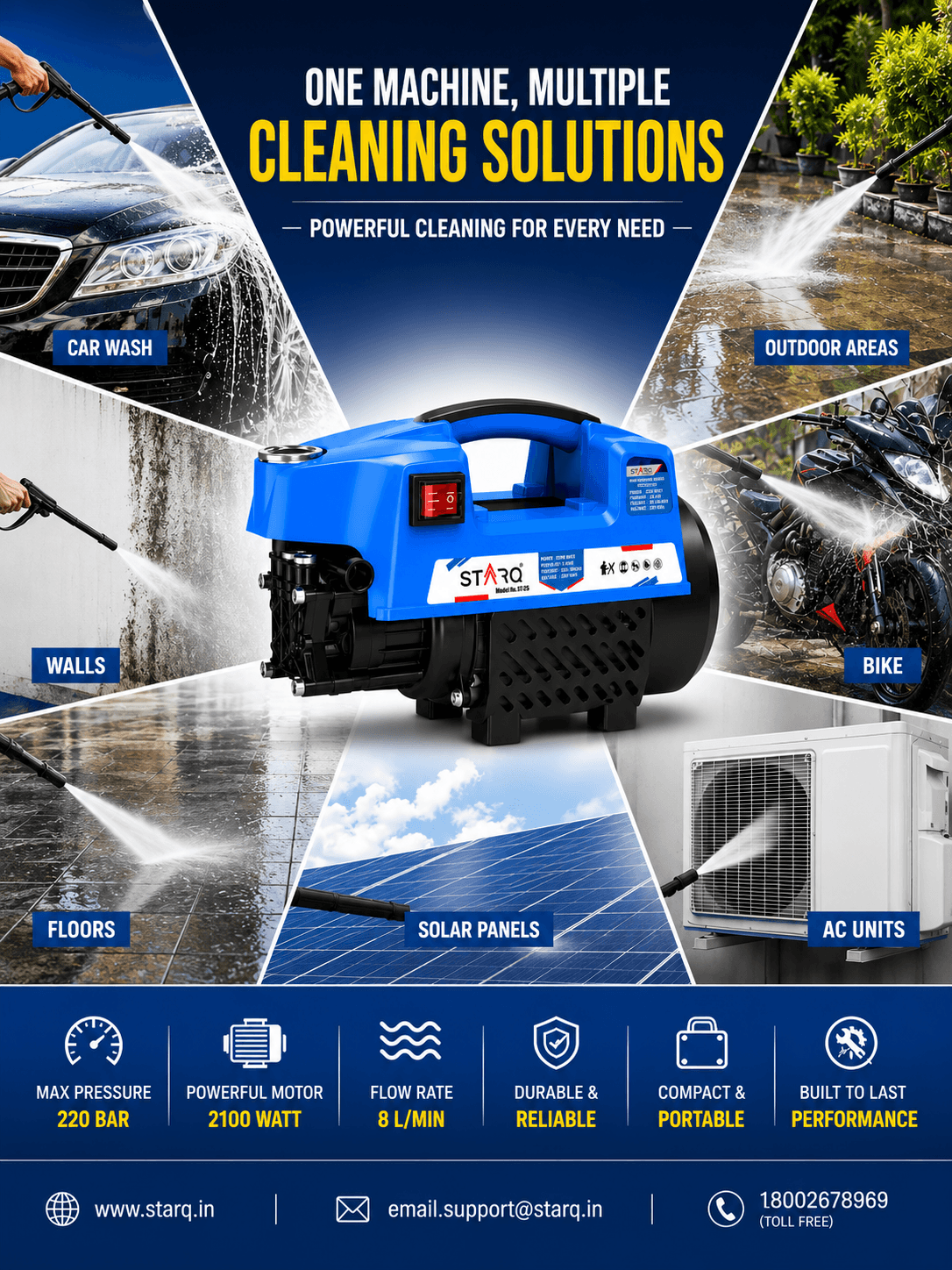 Starq ST25 High Pressure Washer, Car Washer, 2100 Watts Motor, 150 Bars, 8L/Min Flow Rate, 8 Meters Outlet Hose, Portable, Car, Bike & Home Cleaning 4