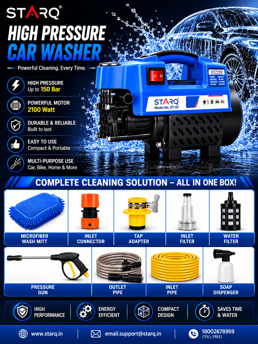 Starq ST25 High Pressure Washer, Car Washer, 2100 Watts Motor, 150 Bars, 8L/Min Flow Rate, 8 Meters Outlet Hose, Portable, Car, Bike & Home Cleaning 5