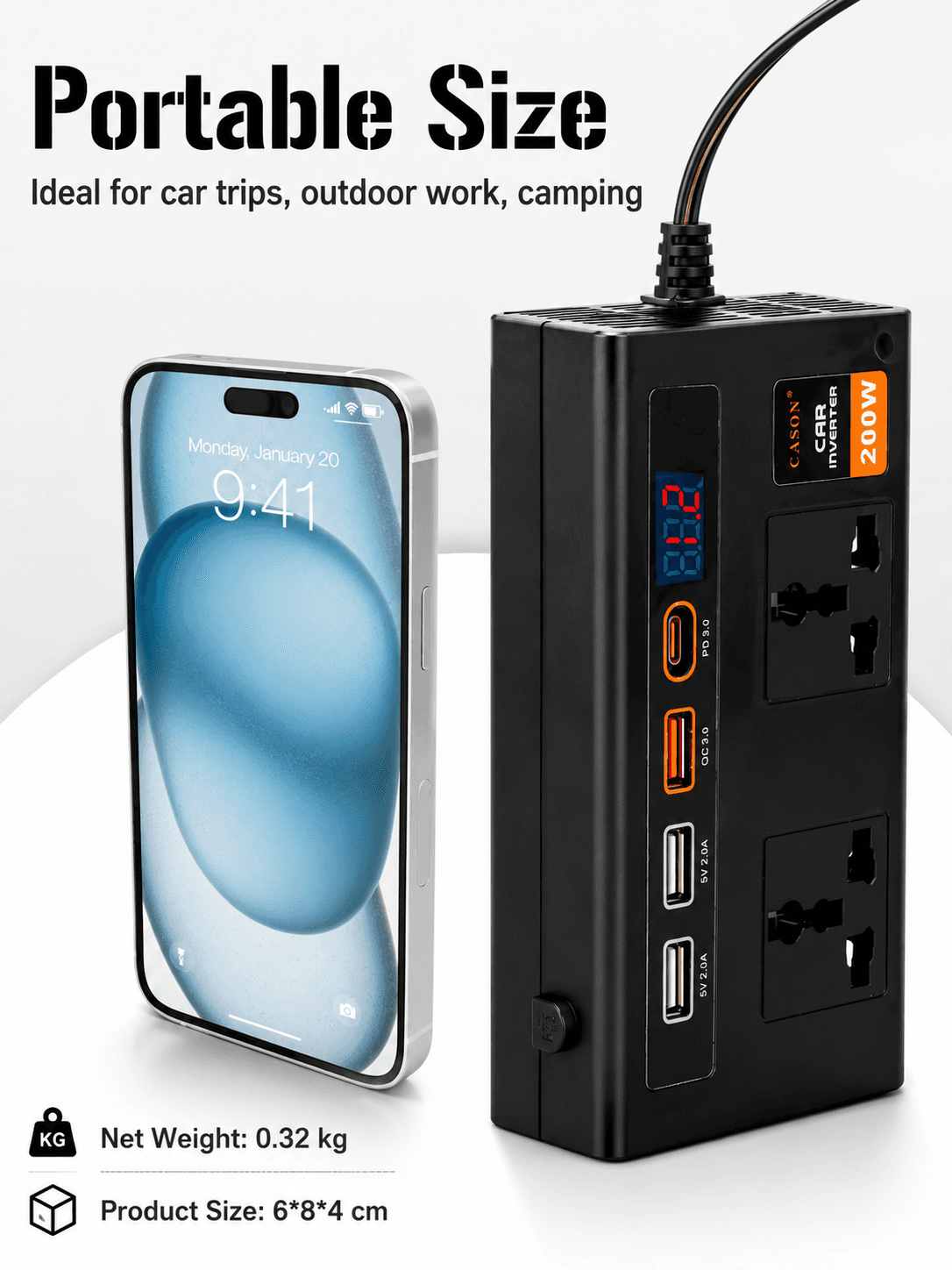 200W Car Laptop Charger/Power Inverter with 3 USB (3.1A Max) + 1 C Type(24 W PD) Smart USB Charging Ports, 12V DC to 220V AC, 2X Universal AC Outlet (Double-Plug) 2