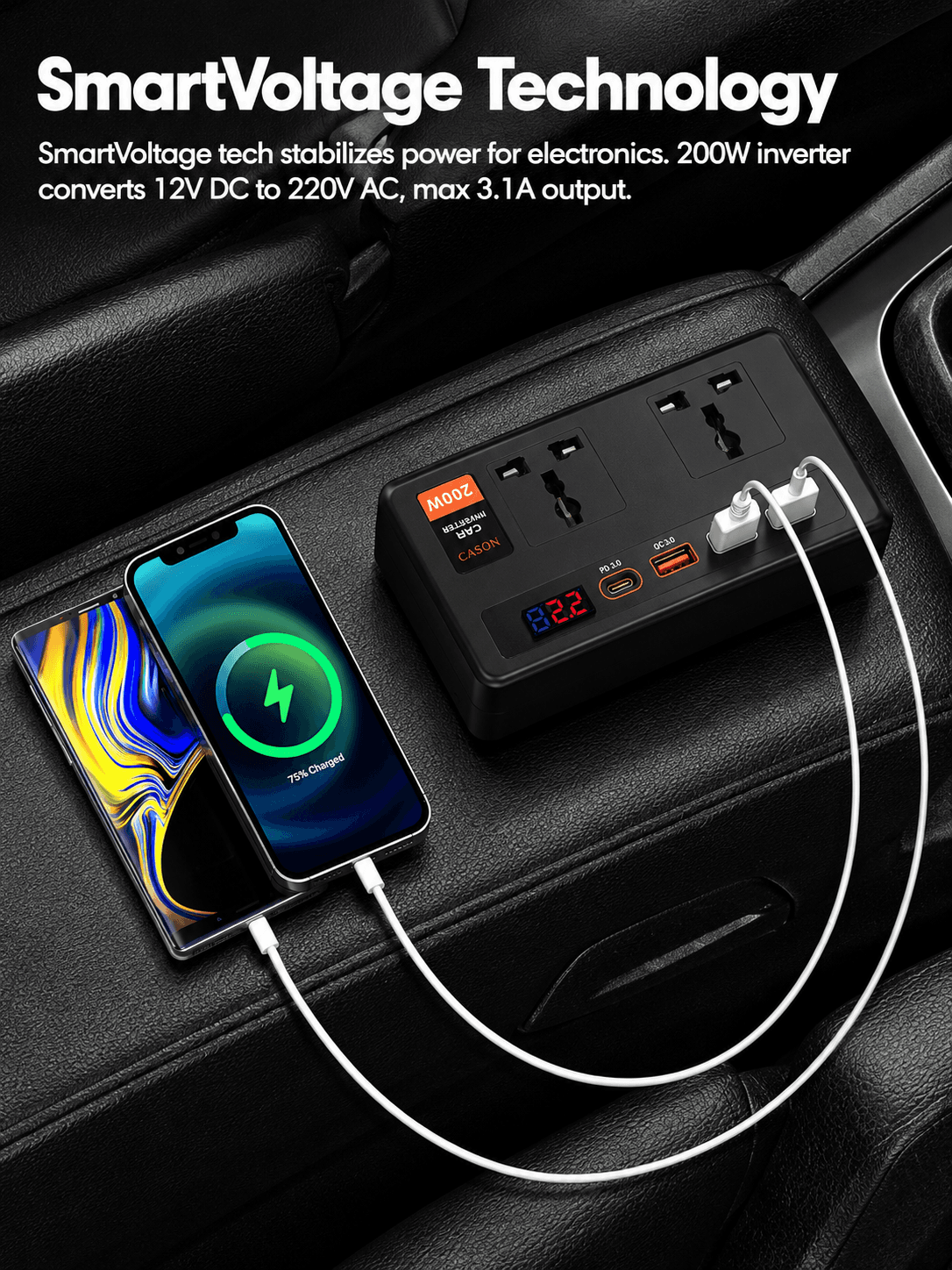 200W Car Laptop Charger/Power Inverter with 3 USB (3.1A Max) + 1 C Type(24 W PD) Smart USB Charging Ports, 12V DC to 220V AC, 2X Universal AC Outlet (Double-Plug) 4