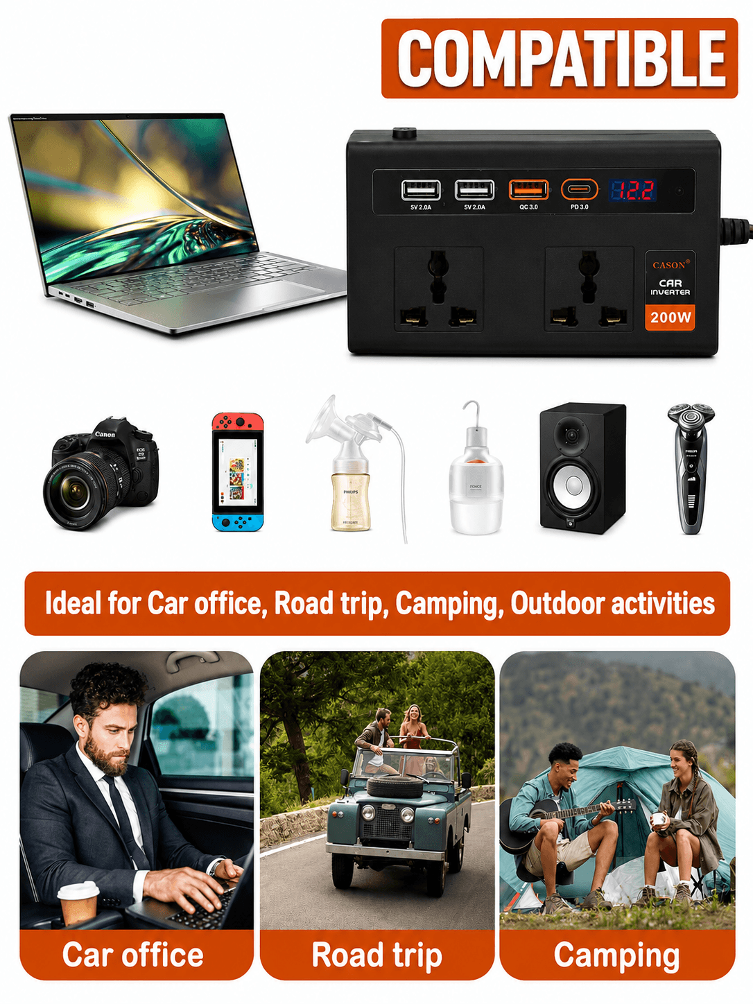 200W Car Laptop Charger/Power Inverter with 3 USB (3.1A Max) + 1 C Type(24 W PD) Smart USB Charging Ports, 12V DC to 220V AC, 2X Universal AC Outlet (Double-Plug) 5
