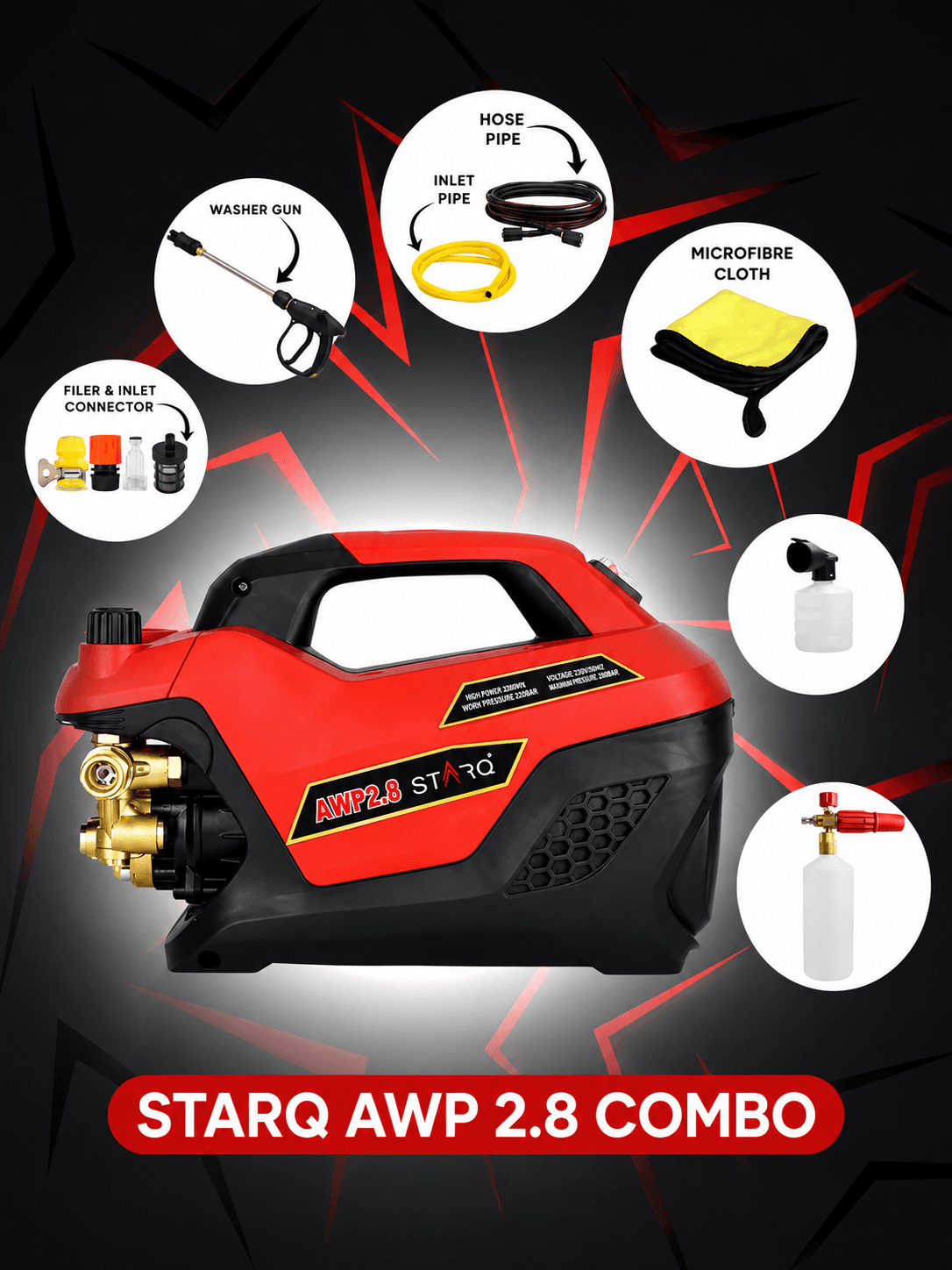 STARQ AWP 2.8 Combo High Pressure Car Washer | 2800W Motor, 350 Bar, 12L/Min Flow, 8M Hose Pipe | Professional 1L Foam Cannon Snow Lance (Red) with Pressure Control Knob 2