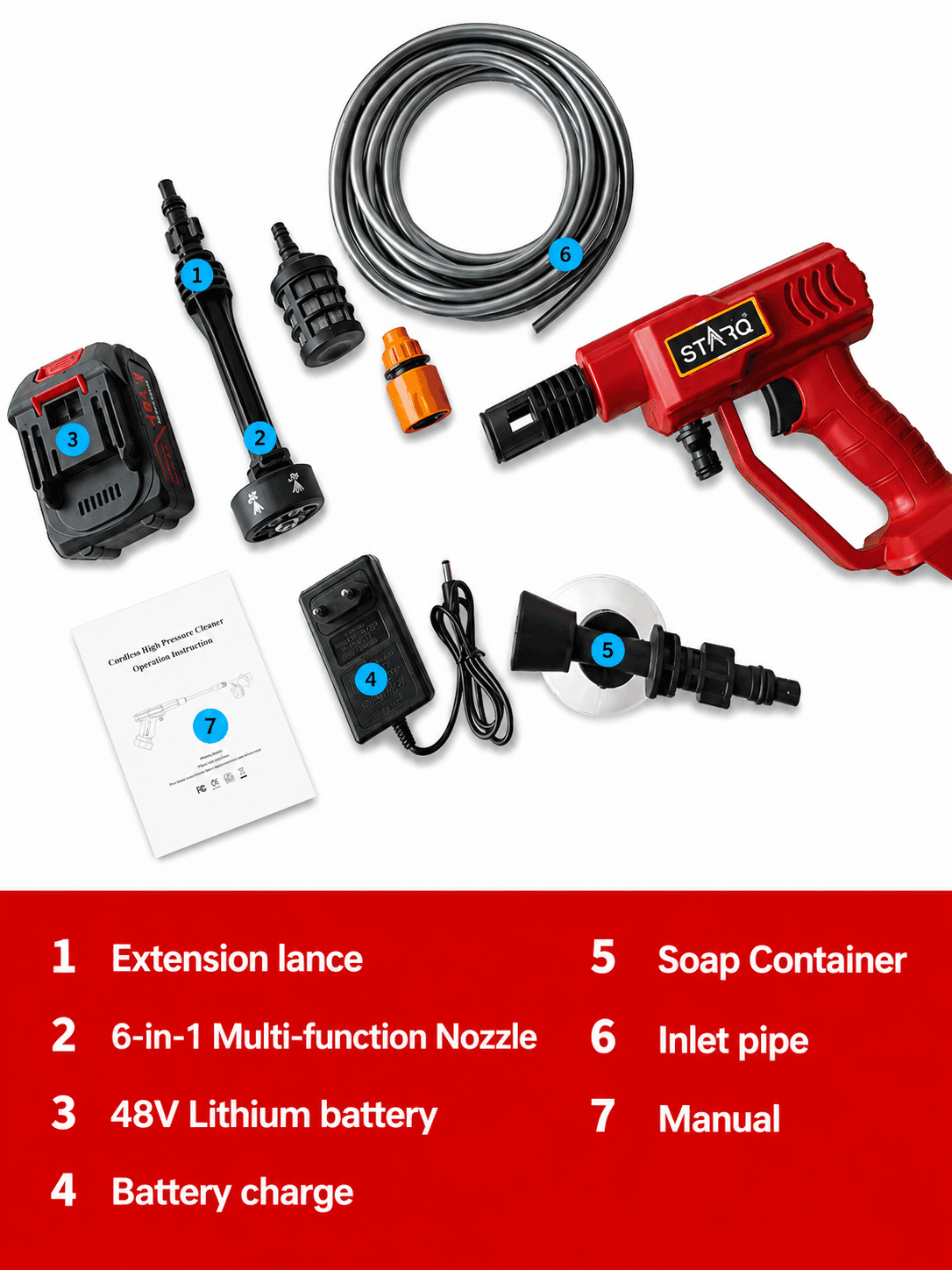 STARQ Turbowash Cordless Portable 48V Wireless Pressure Washer Gun - 12000mAh High Pressure Water Gun for Car and Bike Wash, Adjustable 6 in 1 Nozzle, 5M Hose Pipe, (Double Battery  with Charger) 5