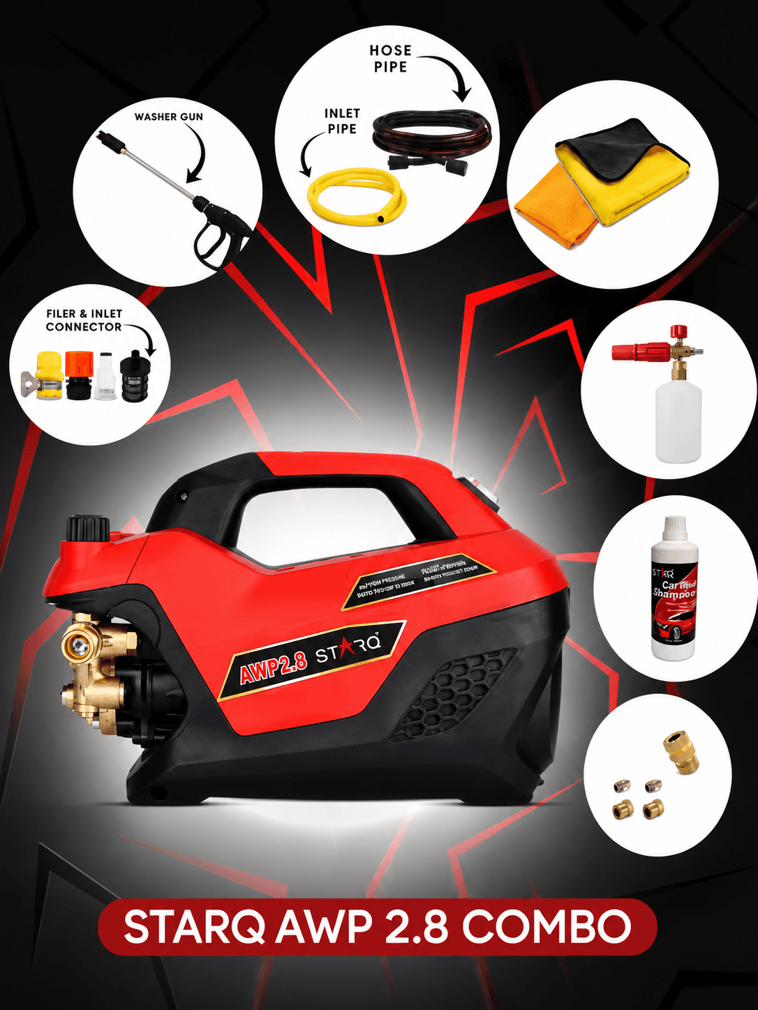 STARQ AWP 2.8 Super Combo High Pressure Car Washer | 2800W Motor, 350 Bar, 12L/Min Flow, 8M Hose Pipe | Professional 1L Foam Cannon Snow Lance (Red) with Pressure Control Knob 2