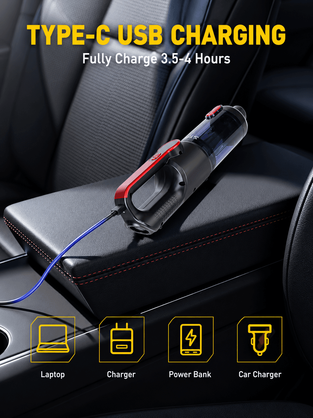 STARQ Tornado Wireless Vacuum Cleaner for Home and Car | High-Power 15000 Pa Suction with BLDC Motor | USB-C Rechargeable |2 Suction Modes | Portable & Stylish Design with LED Light 5
