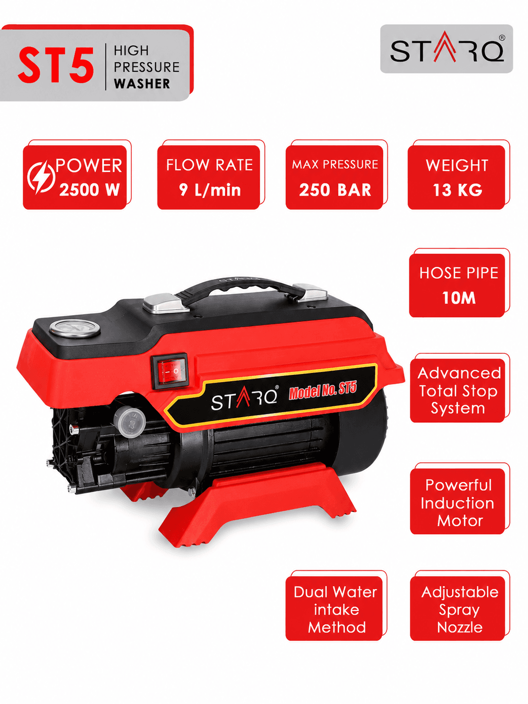 STARQ ST5 | 250 Bar 2500W | Heavy Duty High Pressure Washer for Car, Bike, Home | 1Ltr Professional Snow Foam Lance | Red 2