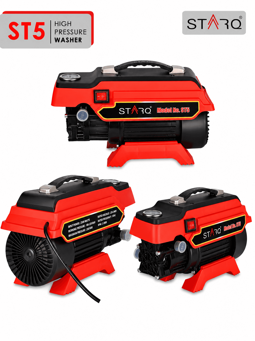 STARQ ST5 | 250 Bar 2500W | Heavy Duty High Pressure Washer for Car, Bike, Home | 1Ltr Professional Snow Foam Lance | Red 3