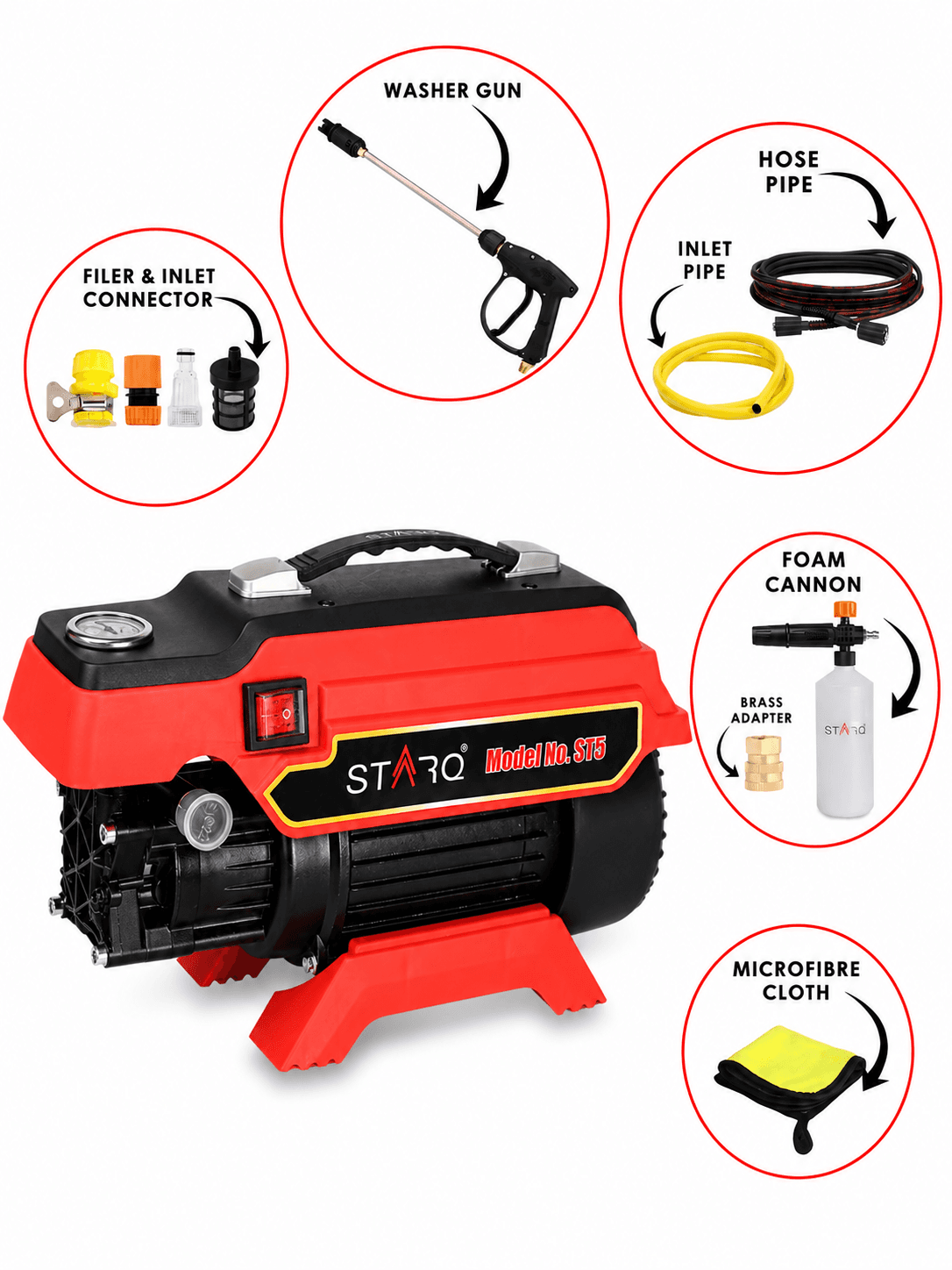 STARQ ST5 | 250 Bar 2500W | Heavy Duty High Pressure Washer for Car, Bike, Home | 1Ltr Professional Snow Foam Lance | Red 5