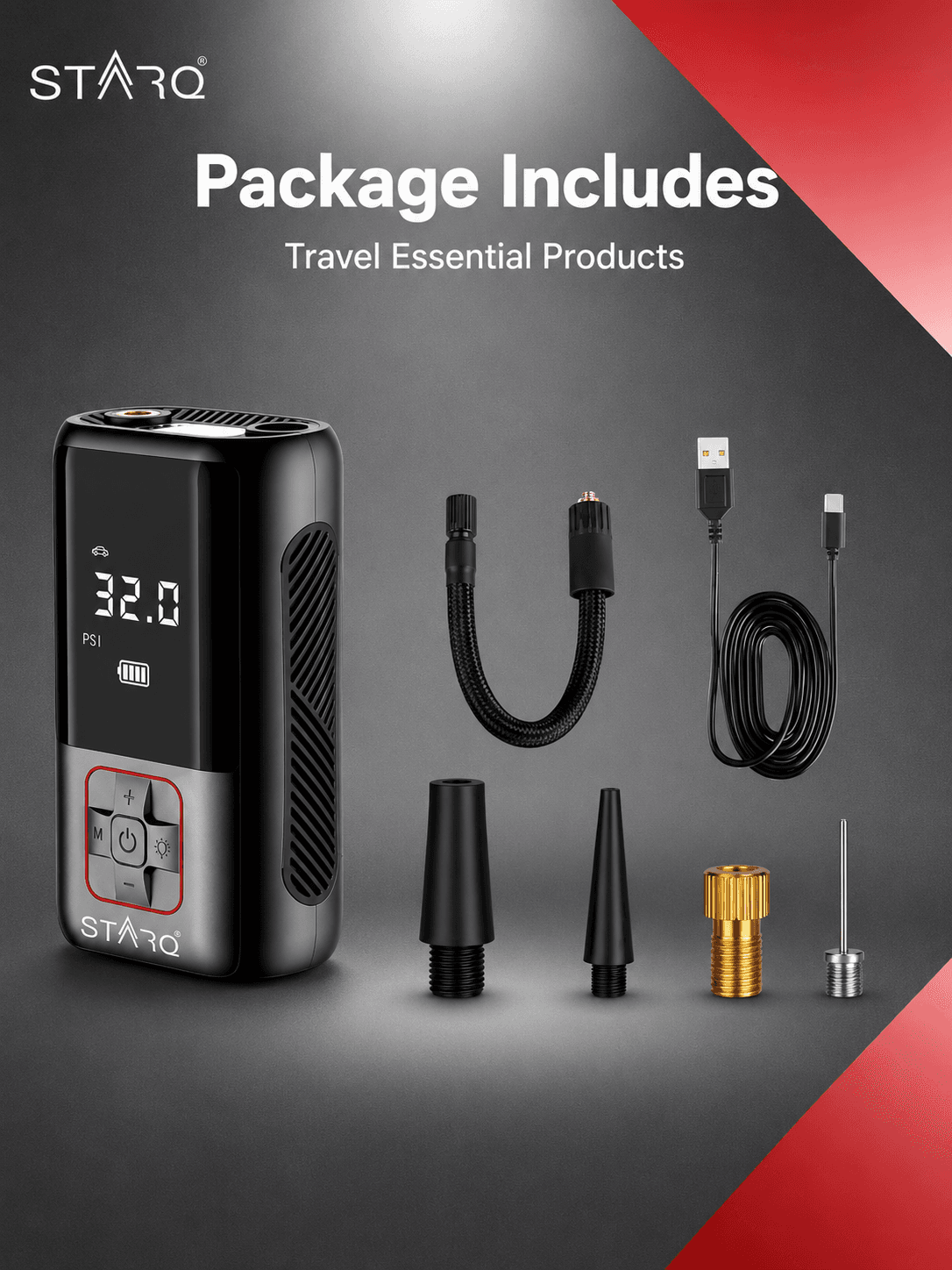 STARQ Inflate Pro Portable/Cordless Tyre Inflator/Air Compressor with Digital Display|4000mAh Battery|for Cars, Motorcycles, Bicycles, Football| Upto 150 Psi| Flash Light|Power Bank (Inflate Pro) 4