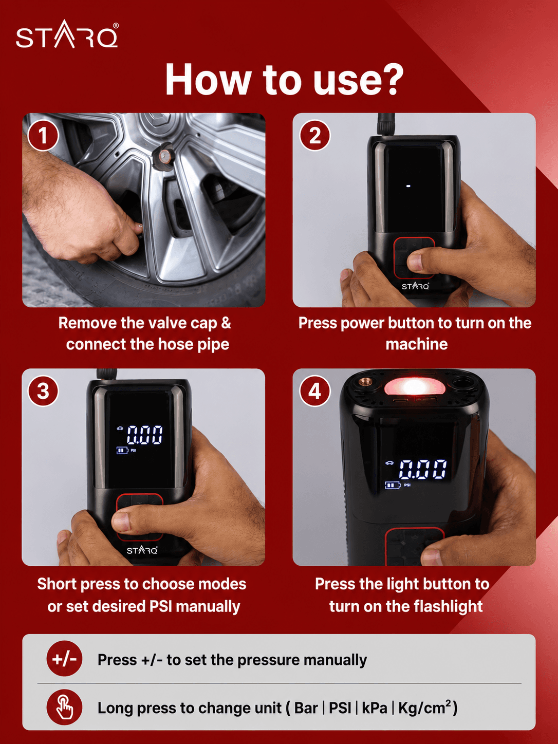 STARQ Inflate Pro Portable/Cordless Tyre Inflator/Air Compressor with Digital Display|4000mAh Battery|for Cars, Motorcycles, Bicycles, Football| Upto 150 Psi| Flash Light|Power Bank (Inflate Pro) 5