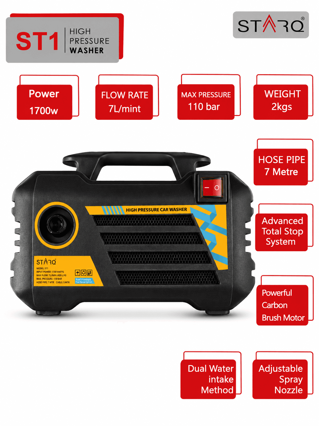 STARQ ST1 | 110 Bar 1700W | Heavy Duty High Pressure Washer for Car, Bike, Home | Pressure Adjustable | Red 2