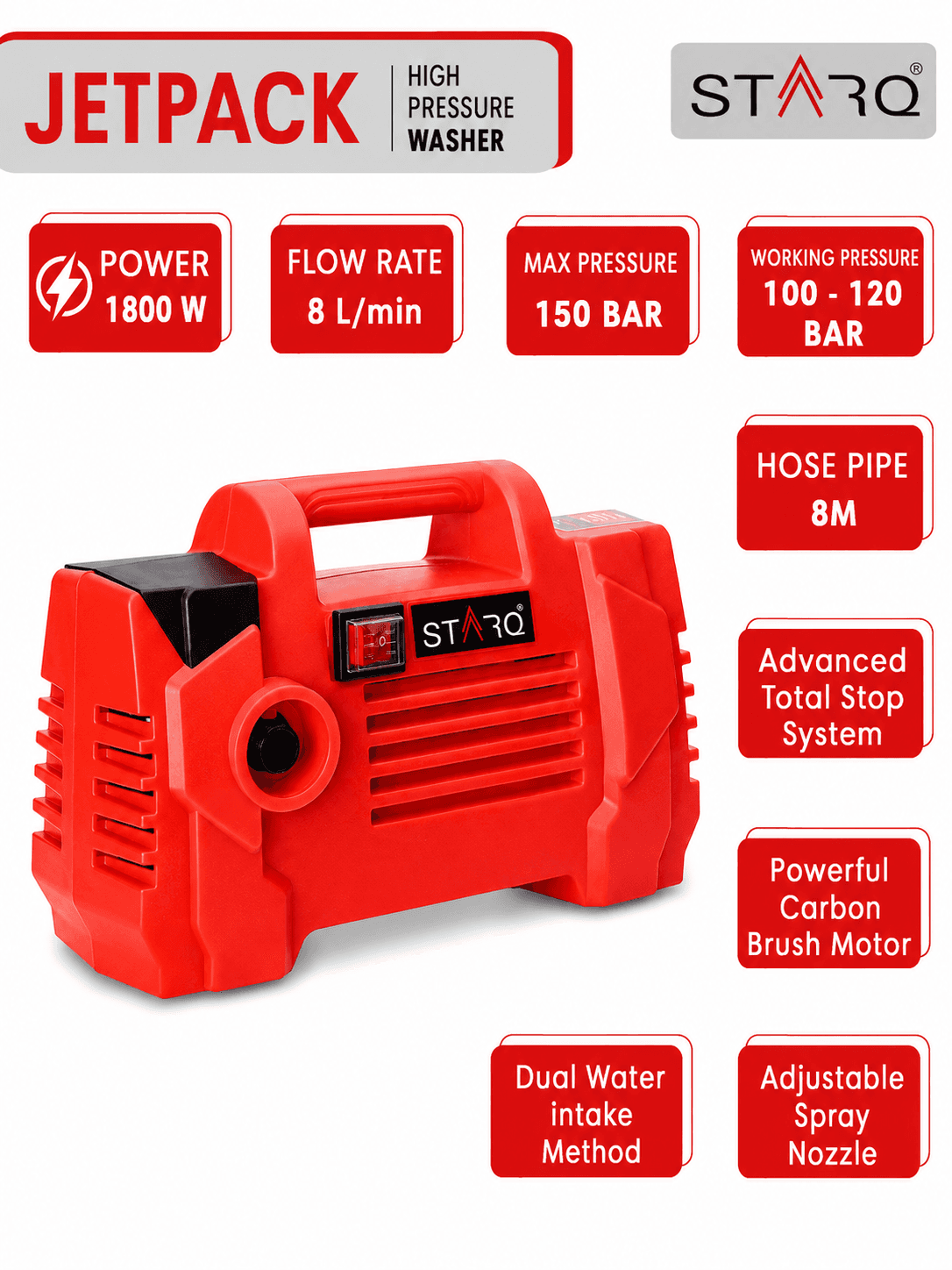 STARQ Jetpack | 150 Bar 1800W | Heavy Duty High Pressure Washer for Car, Bike, Home | Red | Bag Free 3