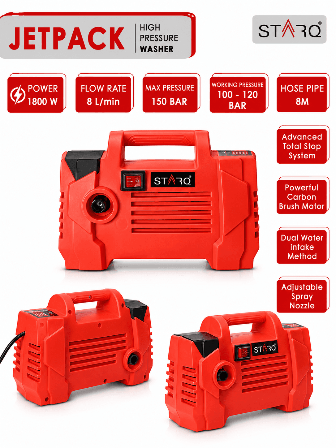 STARQ Jetpack | 150 Bar 1800W | Heavy Duty High Pressure Washer for Car, Bike, Home | Red | Bag Free 4