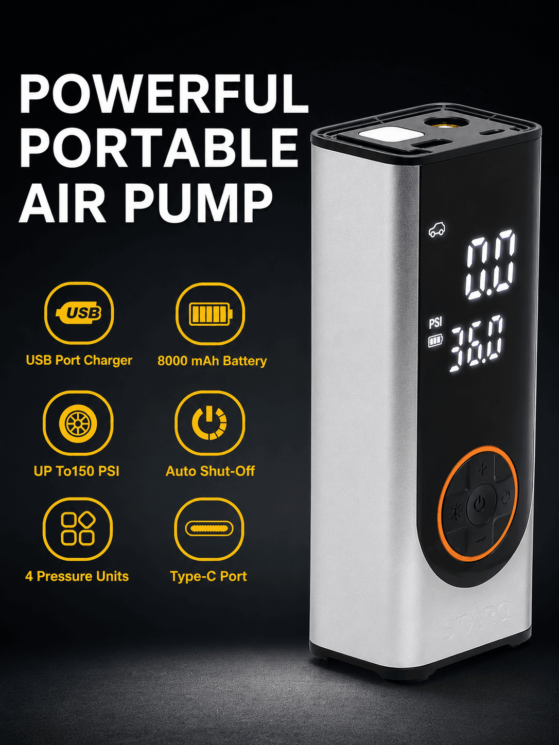 STARQ Inflate Pro Max Portable 2in1 Tyre Inflator/Air Compressor with Digital Display|8000mAh Battery|for Cars, Motorcycles, Bicycles, Football| Upto 150 Psi| Flash Light|Power Bank 2