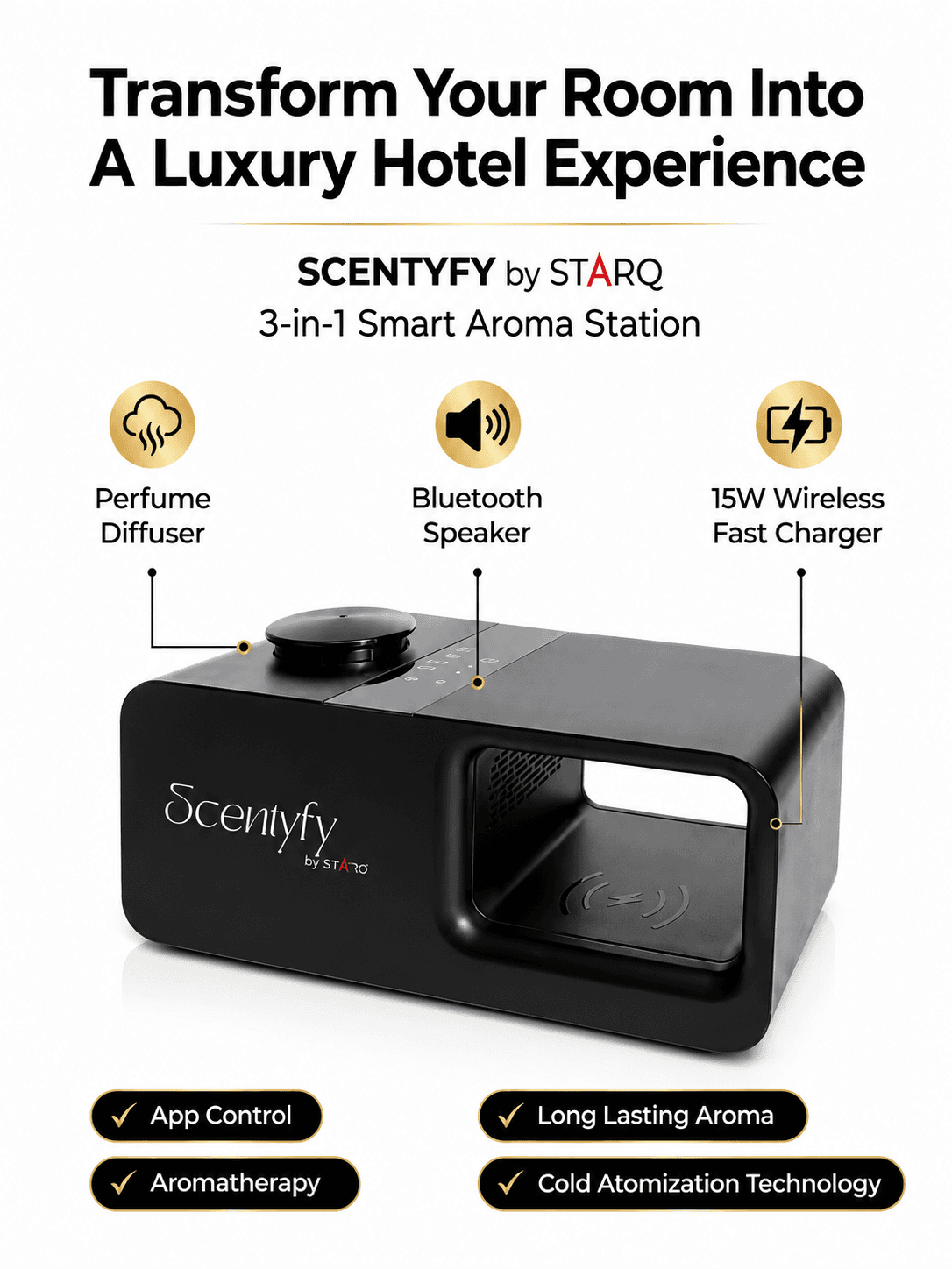 STARQ Trinity 3-in-1 Smart Perfume Diffuser with Bluetooth Speaker & Wireless Charger, Aromatherapy Essential Oil Diffuser, Home, Office & Bedroom Decor 2