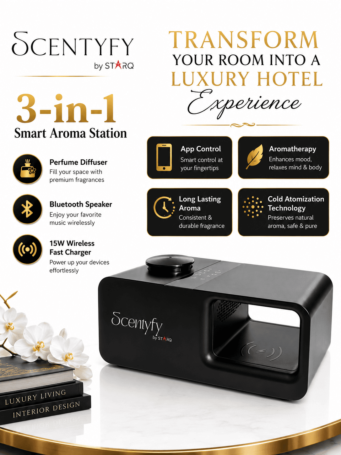 STARQ Trinity 3-in-1 Smart Perfume Diffuser with Bluetooth Speaker & Wireless Charger, Aromatherapy Essential Oil Diffuser, Home, Office & Bedroom Decor 3