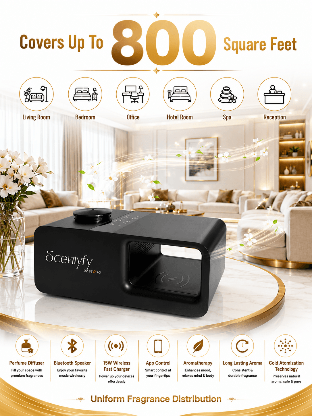 STARQ Trinity 3-in-1 Smart Perfume Diffuser with Bluetooth Speaker & Wireless Charger, Aromatherapy Essential Oil Diffuser, Home, Office & Bedroom Decor 4