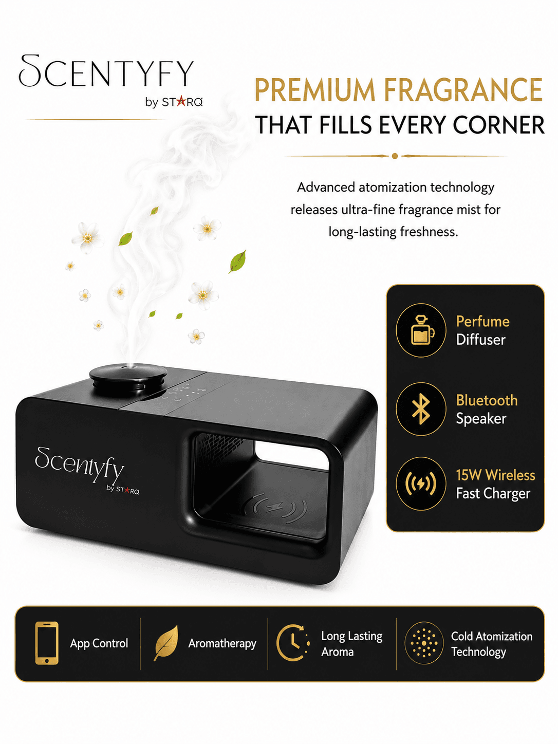 STARQ Trinity 3-in-1 Smart Perfume Diffuser with Bluetooth Speaker & Wireless Charger, Aromatherapy Essential Oil Diffuser, Home, Office & Bedroom Decor 5