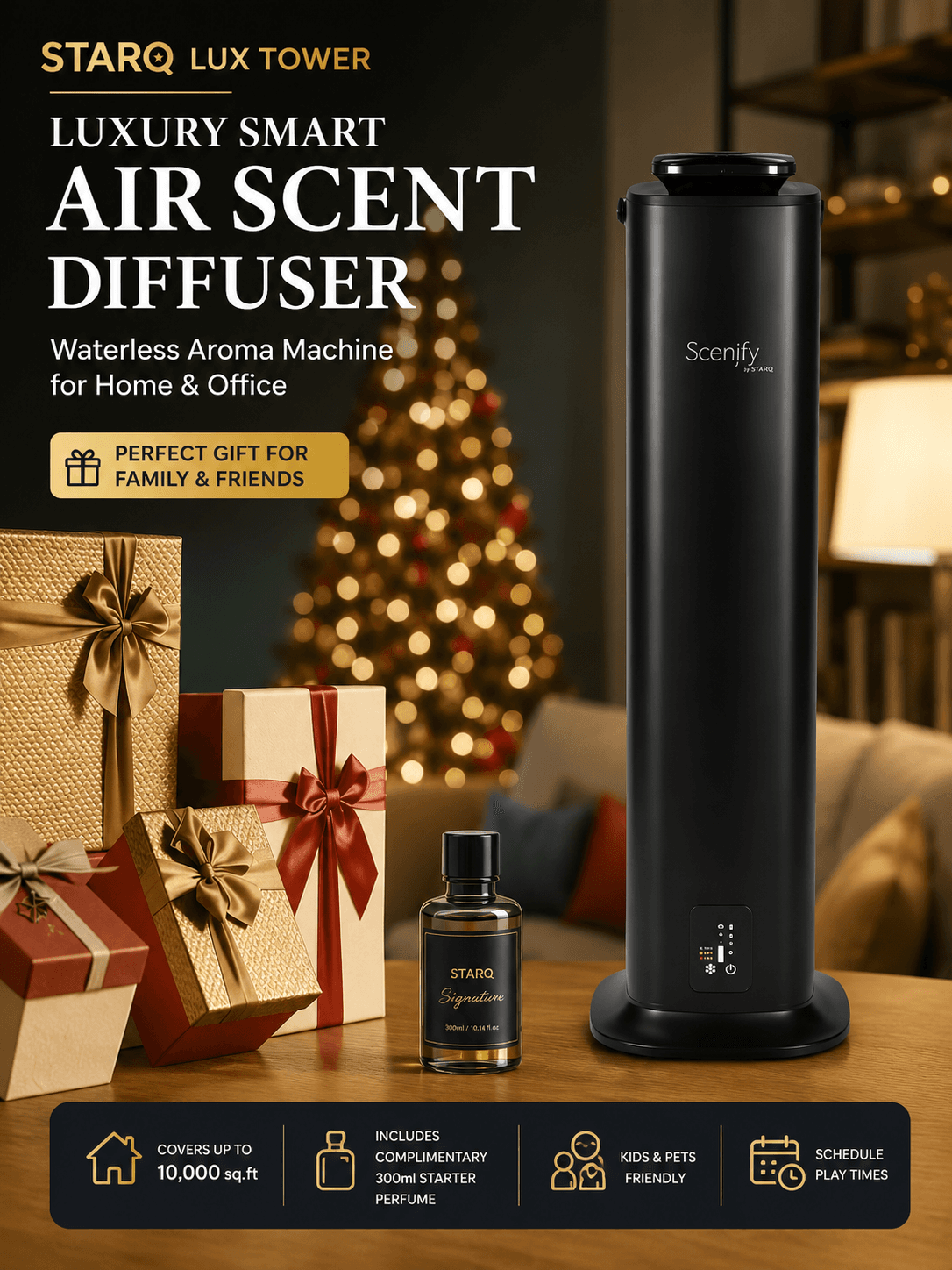 STARQ Lux Tower Luxury Smart Air Scent Diffuser Waterless Aroma Machine App Control Cold Atomization Ultra Quiet No Heat for Home & Office Includes Complimentary 300ml Starter Perfume 5