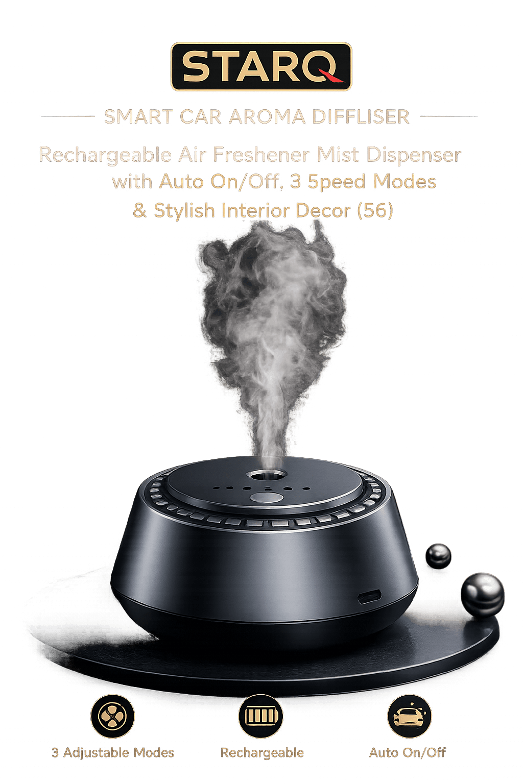STARQ Smart Car Aroma Diffuser Rechargeable Air Freshener Mist Dispenser with Auto On/Off, 3 Speed Modes & Stylish Interior Decor (S6) 5