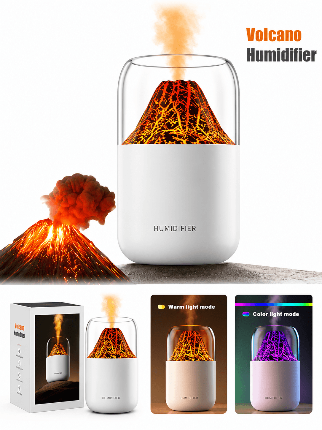 STARQ Volcano Flame Aroma Humidifier with LED Night Light, Cool Mist Diffuser, USB Powered, Portable Air Purifier for Home, Office & Bedroom, (White) 4