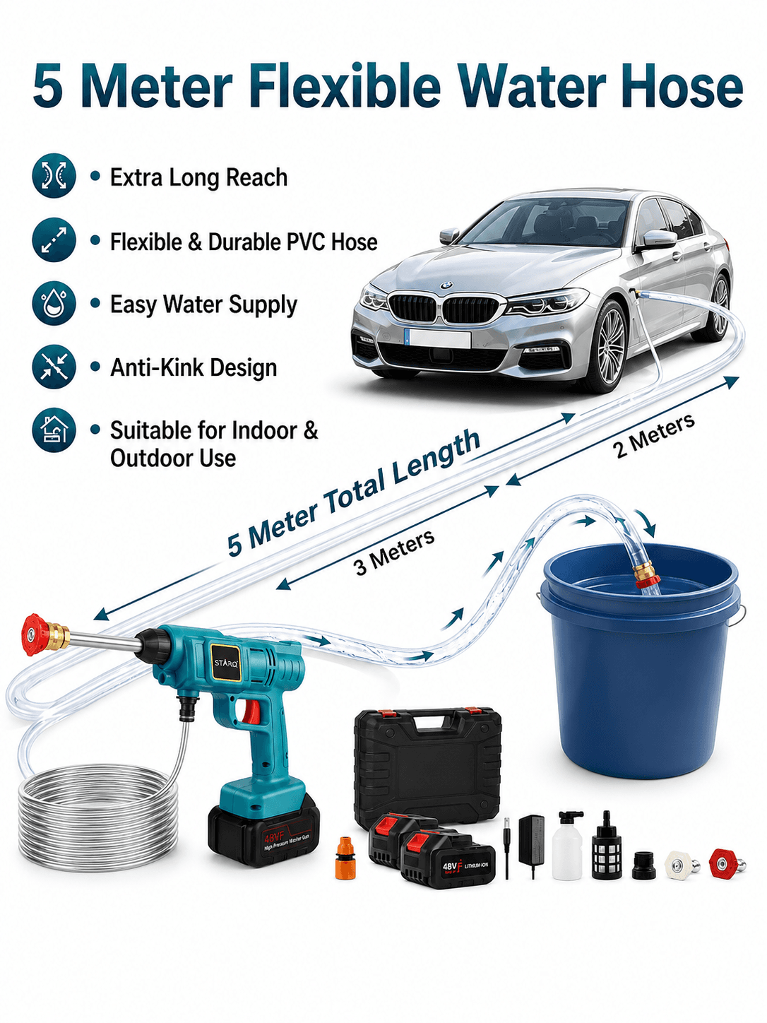 Starq TurboFlow Cordless Portable 48V Wireless Pressure Washer Gun - 12000mAh High Pressure Water Gun for Car and Bike Wash, Brushless Motor, 5M Hose Pipe, Double Battery Included 5